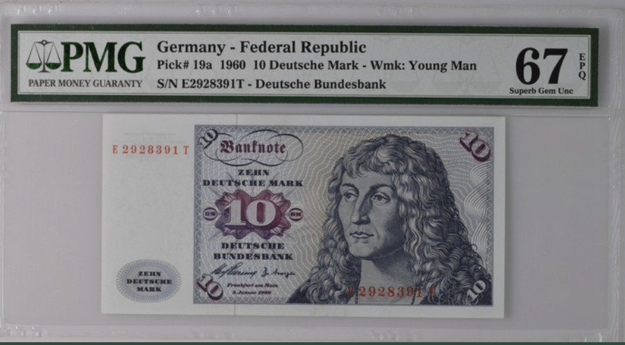 收藏联盟Quantum Auction 第200期拍卖  德国1960年10马克 PMG67 初版首发年