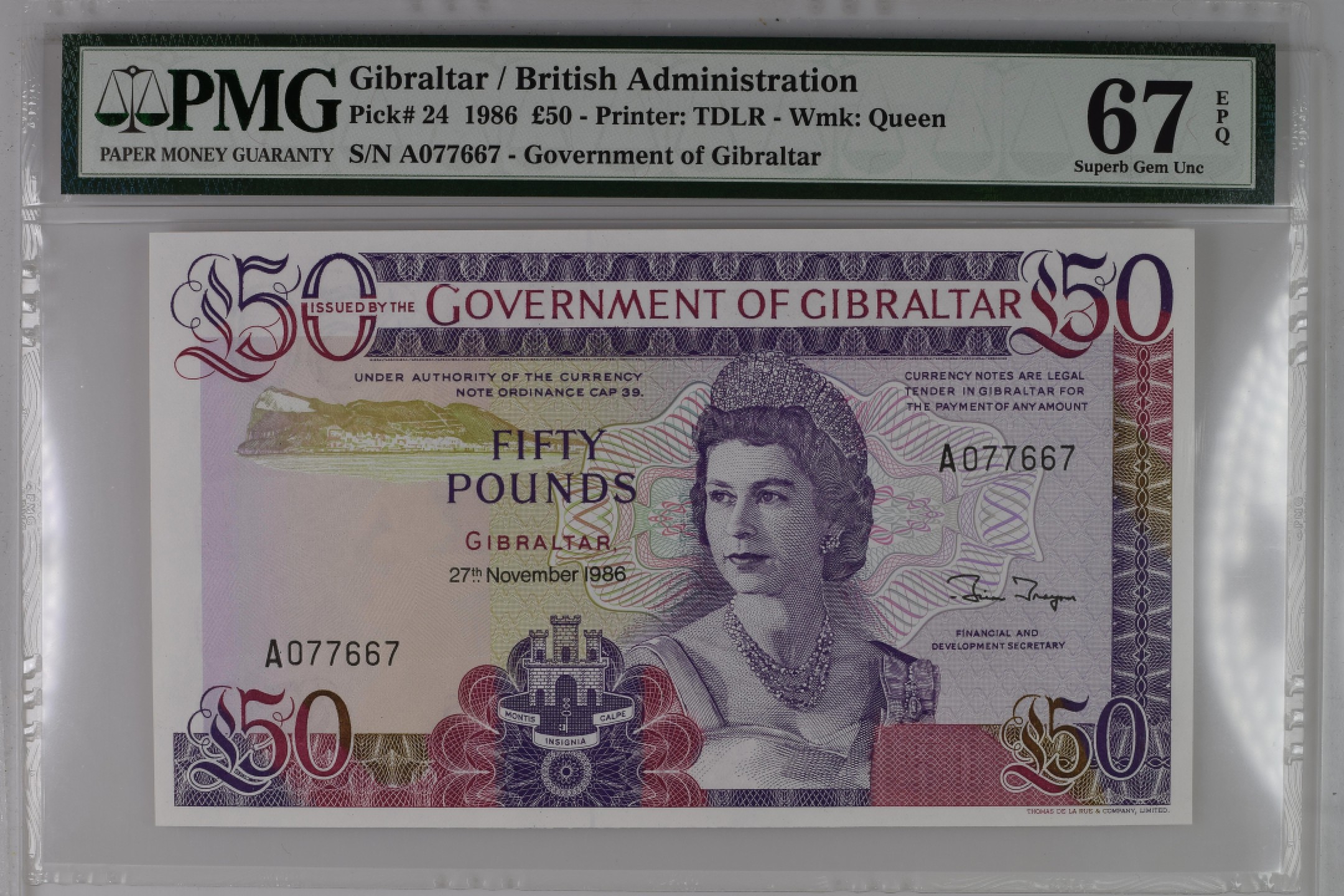 收藏联盟Quantum Auction 第200期拍卖  直布罗陀海峡1986年50镑 PMG67 首发A冠且号码无4