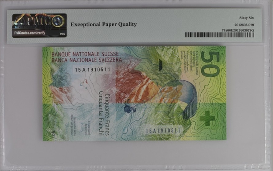 收藏联盟Quantum Auction 第200期拍卖  瑞士2015年50法郎 PMG66 首发年份首发A冠