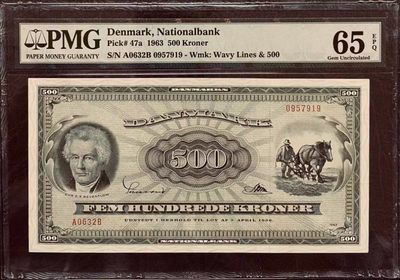 【Blue Auction】✨世界纸币精拍第238期——罗斯基勒的美景  - 【初版唯一冠军分 A0非常难得一遇】丹麦 1963年500克朗 PMG65EPQ 绝品 背面风景非常唯美 罗斯基勒的美景 