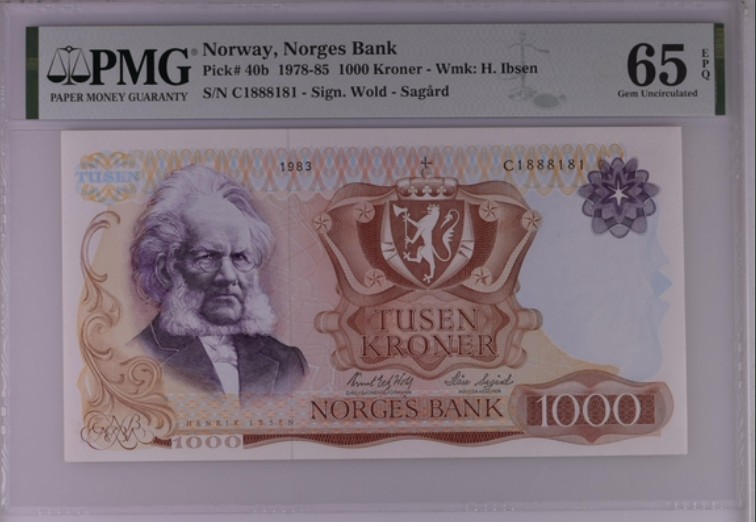 收藏联盟Quantum Auction 第200期拍卖  挪威1983年1000克朗 PMG65 数二的倒置号且自带豹子号888 现代戏剧之父 易卜生 
