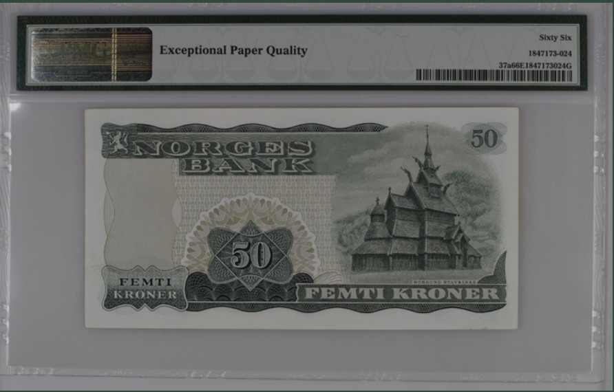 收藏联盟Quantum Auction 第200期拍卖  挪威1969年50克朗 PMG66 初版较少 挪威戏剧和小说家，诗人比昂斯滕·比昂松