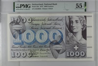 【Blue Auction】✨世界纸币精拍第238期——罗斯基勒的美景  - 【少见年份 唯一亚军分 无47】瑞士 1972年1000法郎 经典死神之舞 PMG55EPQ 原票 超大票幅 精美 