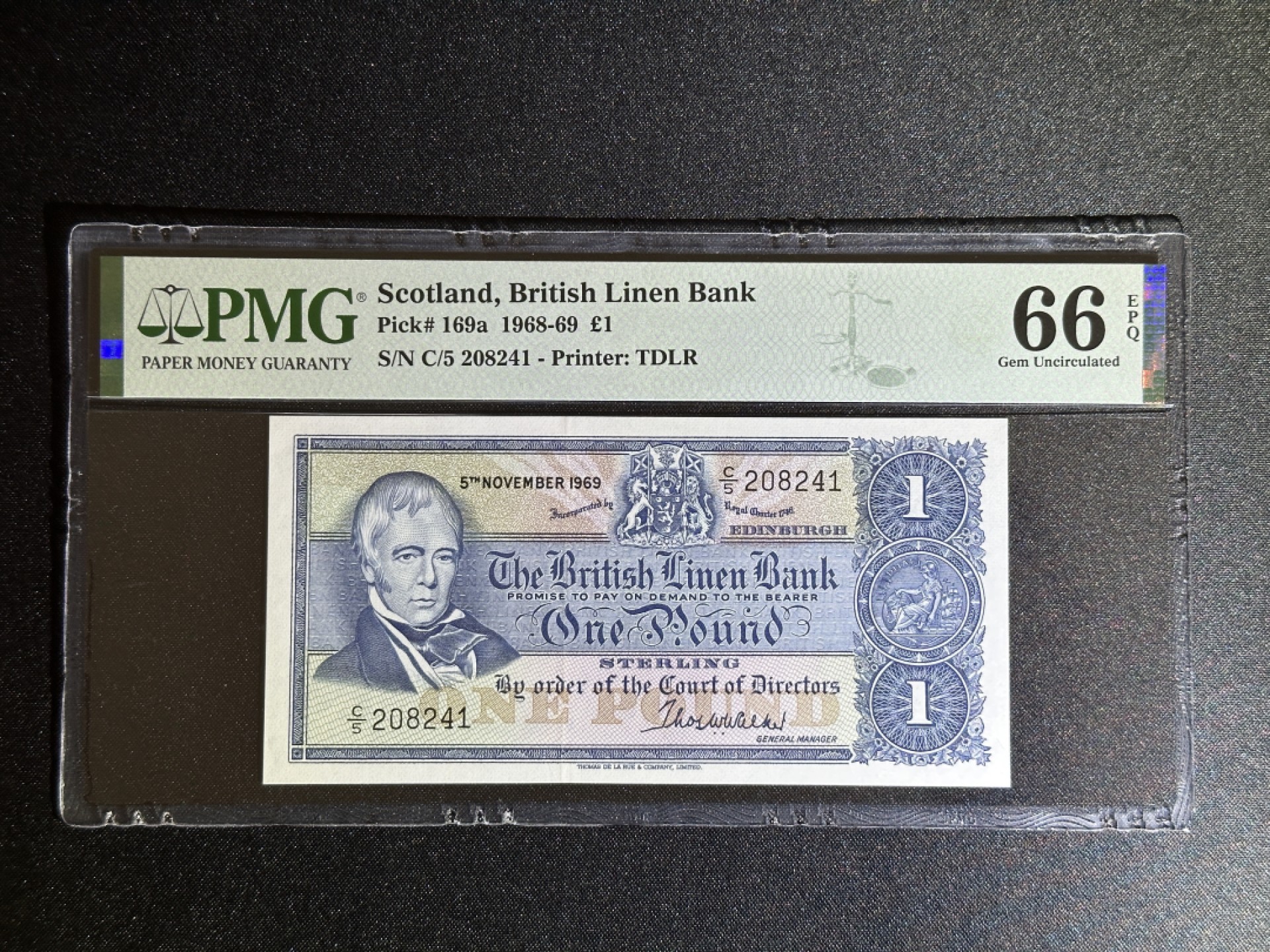 《张总收藏》77期——欧洲精品&女王钞 苏格兰1镑 PMG66E 1969年 亚麻银行发行 苏格兰银行前身
