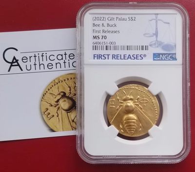 【币观天下】第205期钱币拍卖  - NGC70帕劳珍稀币复刻第三组古希腊蜜蜂和雄鹿镀金币 