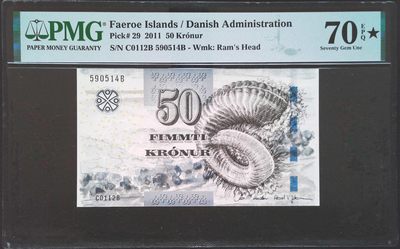 《家喻户晓》世界靓号纸钞第三期 - 法罗群岛50克朗 精美动物钞 满分PMG70★