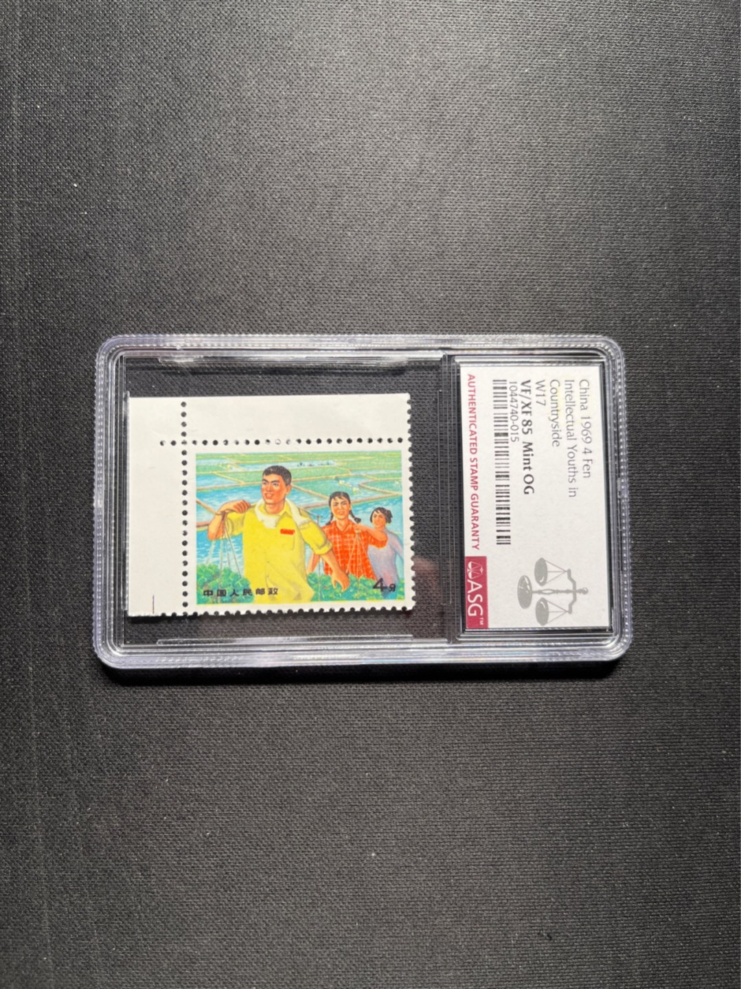 洪涛臻品 精选邮票限时拍卖第六十五期 文17知青4分★漏纽扣★ ASG85分OG，直角边 ，色线，文革两大变体票，一是文18漏刺刀，二是文17漏纽扣。版撕精品送评，票全品无瑕疵，85分超高性价比。变体票存世量少，潜力巨大，喜欢不要错过，目前ASG评级处于初级阶段，注意趁早下手囤精品货，未来一定有意想不到的收获，(最后一图是漏纽扣变体对比图)
