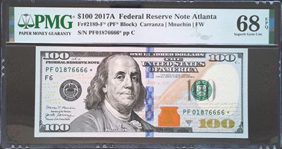《家喻户晓》世界靓号纸钞第三期 - 2017A 美国100美元 补号 狮子号6666 PMG68高分 冠军分