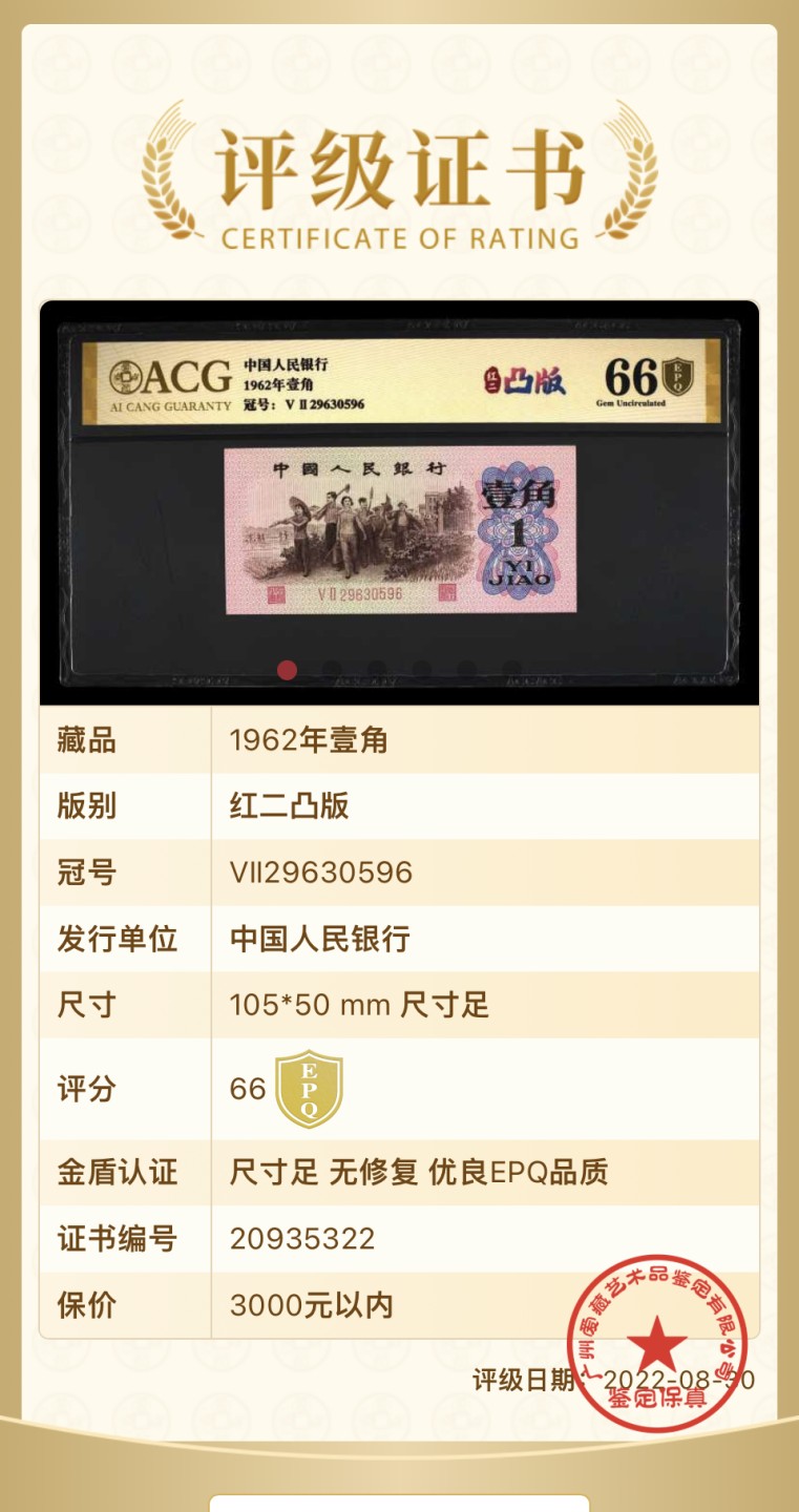 北极狼藏苑社(29)·三版币专场 1277-第三套人民币 ·红粉佳人·红二凸··ACG评级金盾66EPQ