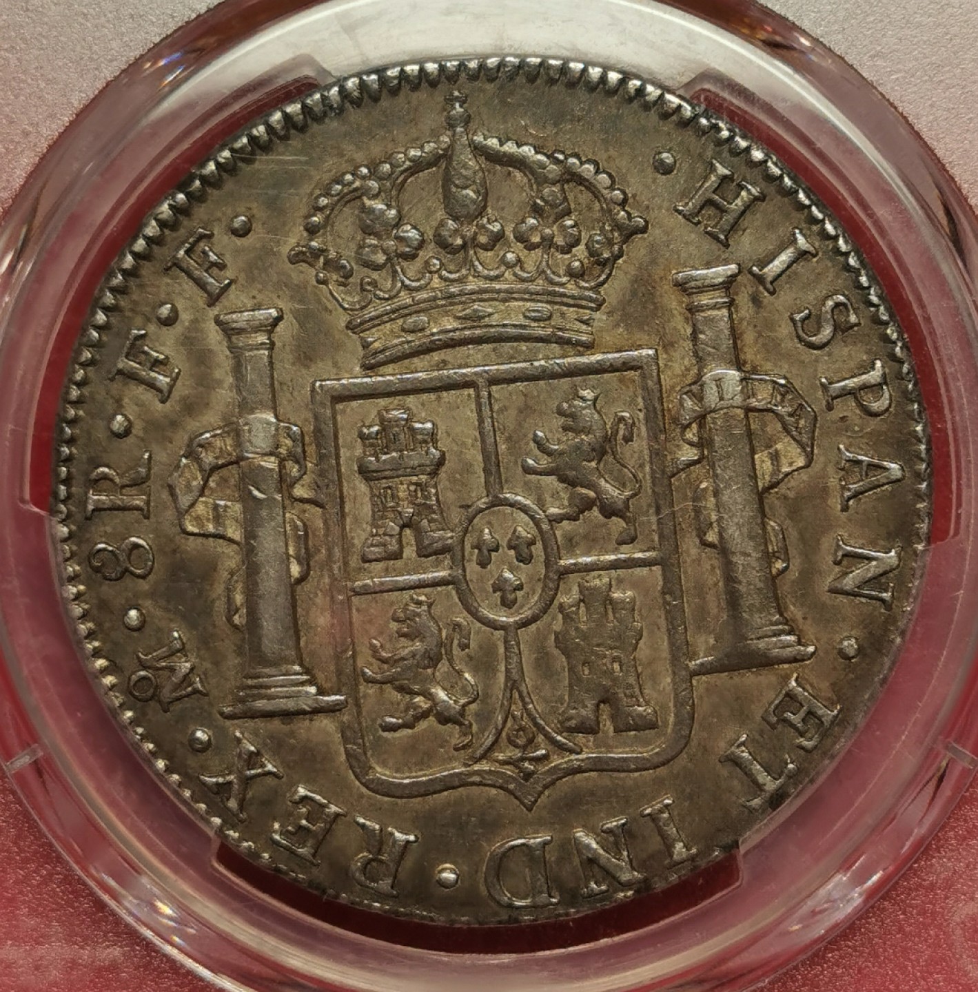 凡希社世界钱币微拍第二百十六期 1781MO墨西哥卡三双柱PCGS-AU55黑彩原味品！