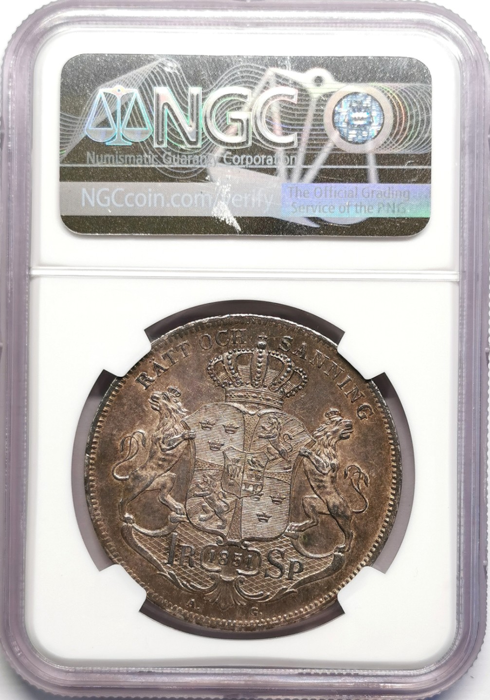 凡希社世界钱币微拍第二百十六期 荐！1851瑞典奥斯卡一世RIKSDALER34克超大银NGC-MS62烟熏彩味道十足！