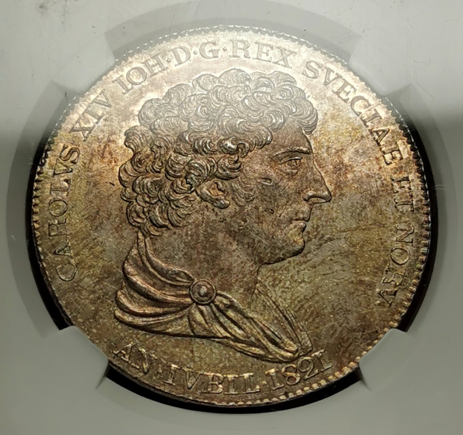 凡希社世界钱币微拍第二百十六期 稀！1821瑞典卡尔十四政治与宗教自由三百周年纪念RIKSDALER大银NGC-MS63间金包浆收藏级！