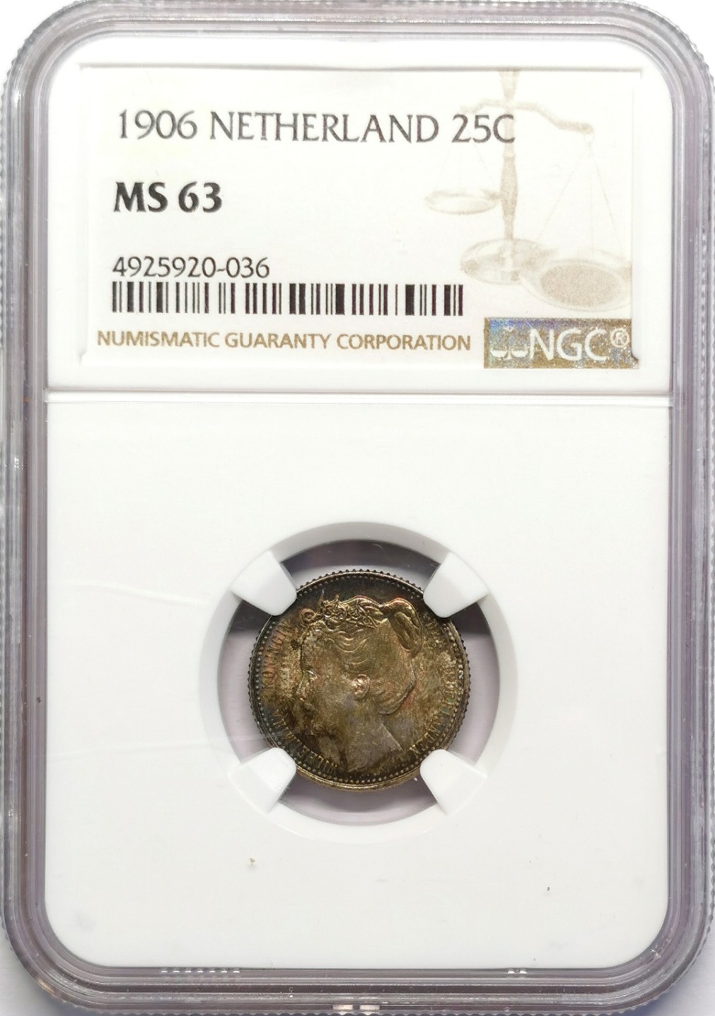 凡希社世界钱币微拍第二百十六期 1906荷兰威廉敏娜25分银辅币NGC-MS63