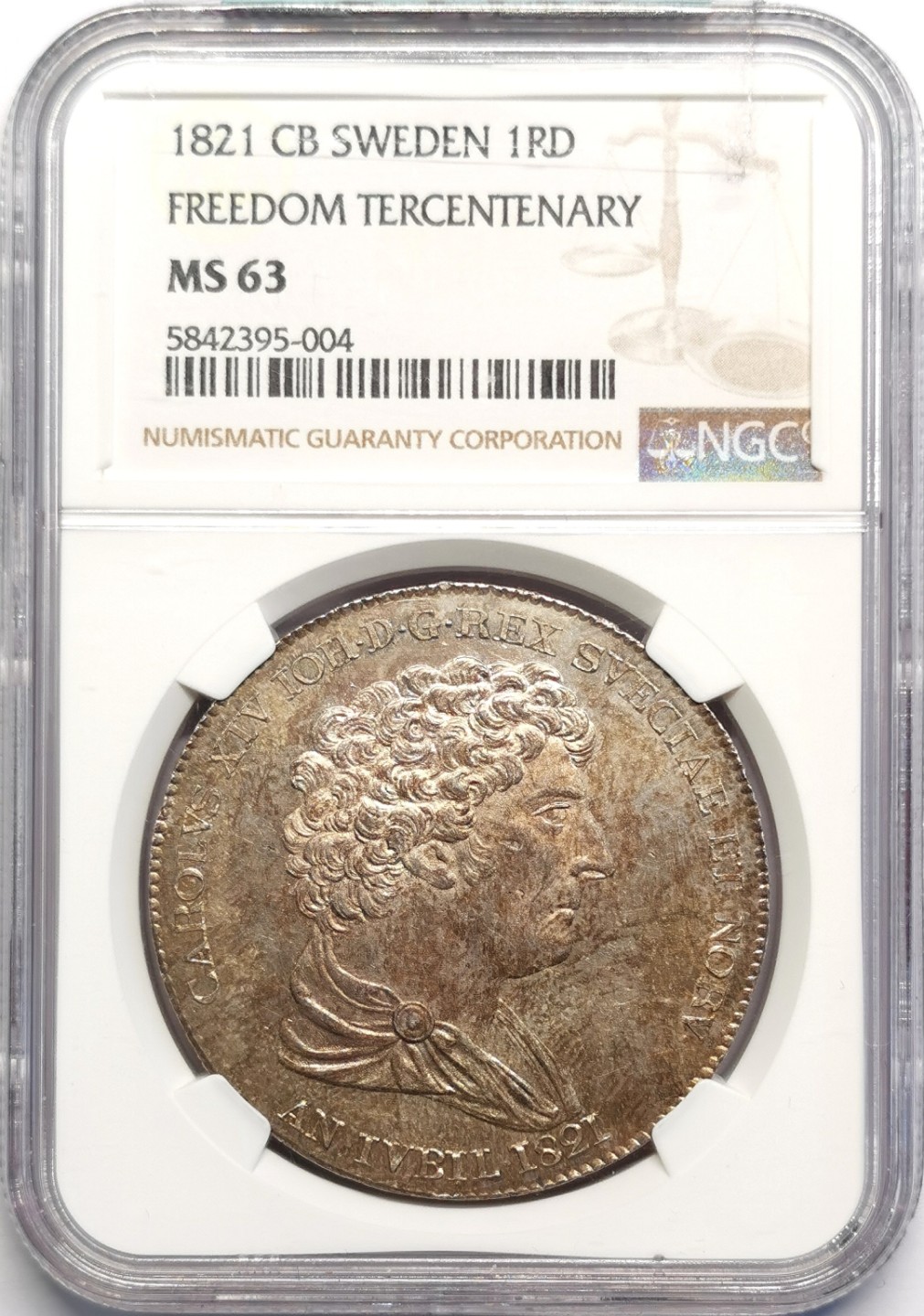 凡希社世界钱币微拍第二百十六期 稀！1821瑞典卡尔十四政治与宗教自由三百周年纪念RIKSDALER大银NGC-MS63间金包浆收藏级！