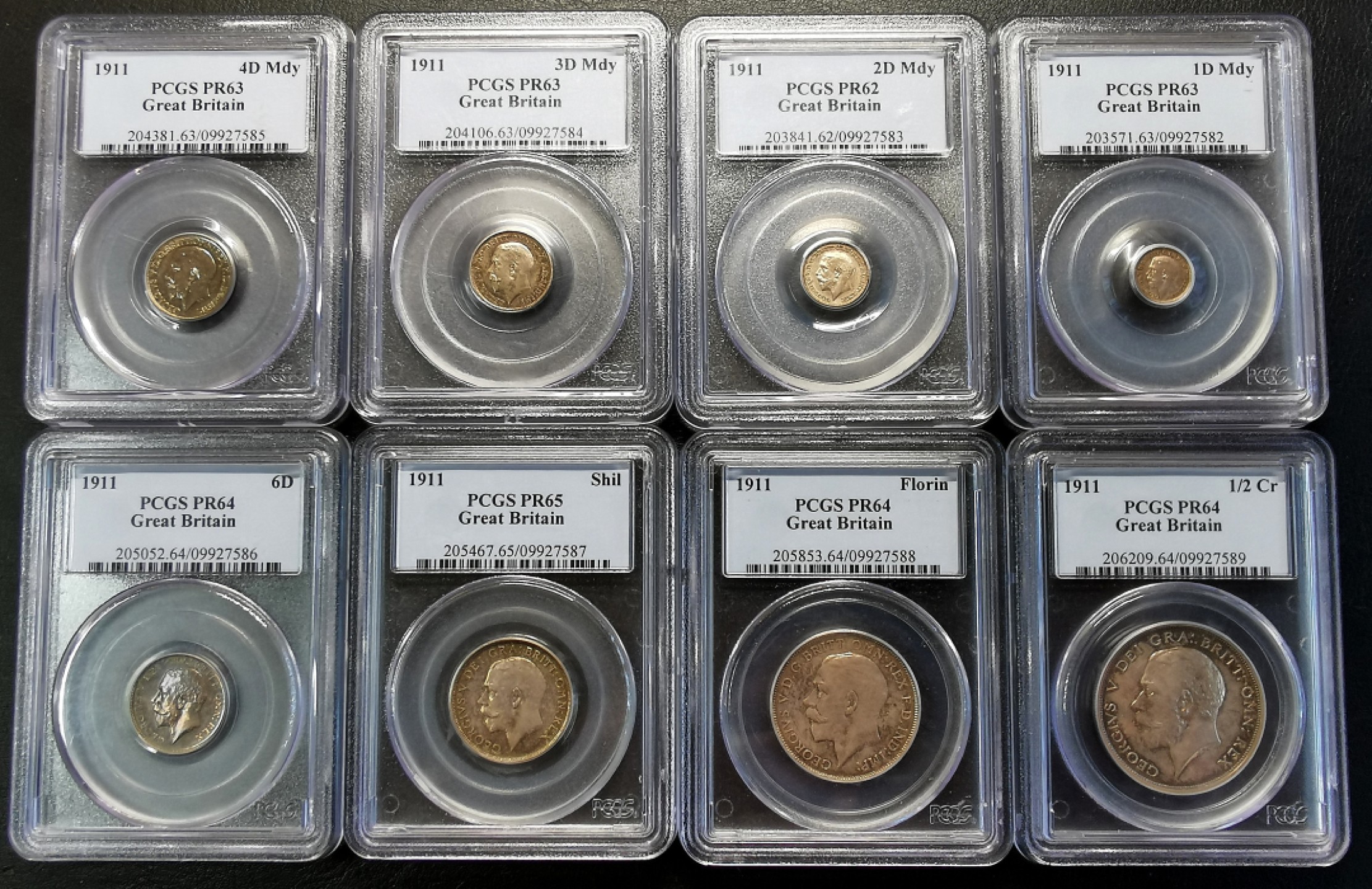 凡希社世界钱币微拍第二百十六期 荐！1911英国乔五精铸PS八枚收藏级！