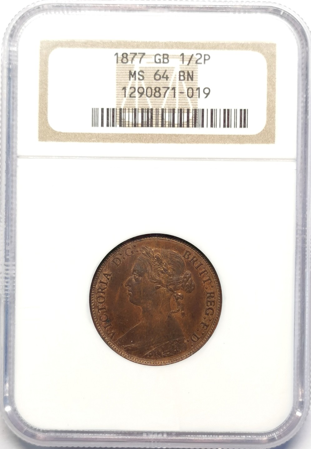 凡希社世界钱币微拍第二百十六期 1877英国维多利亚中年花冠头像1/2便士NGC-MS64