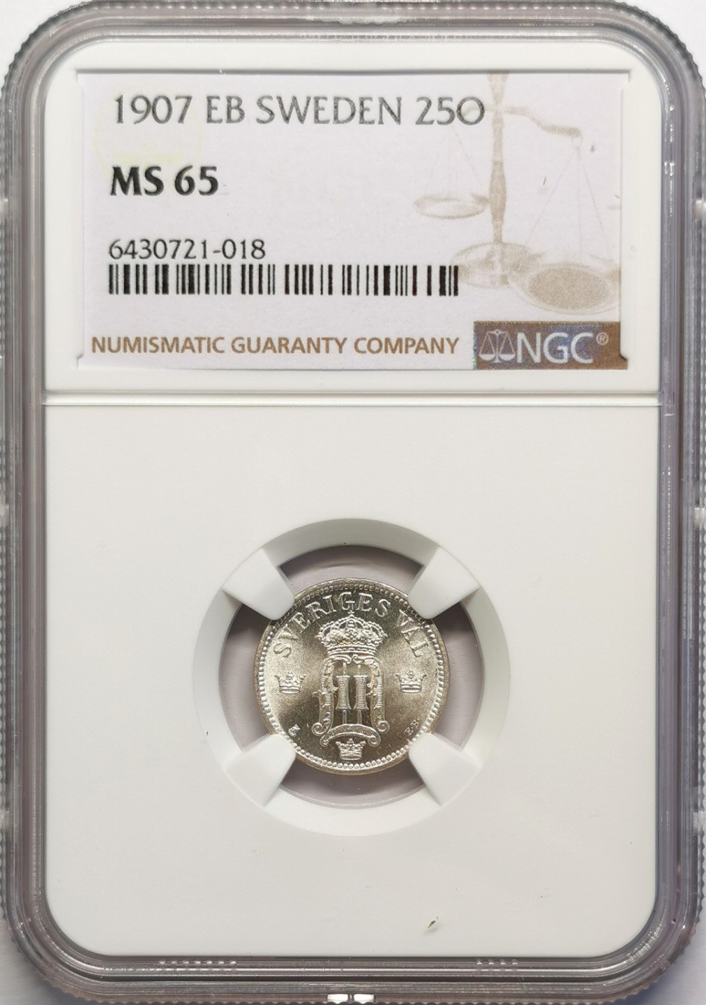 凡希社世界钱币微拍第二百十六期 1907EB瑞典25欧尔银辅币NGC-MS65高分！
