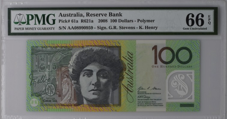 收藏联盟Quantum Auction 第200期拍卖  澳大利亚2008年100元 PMG66 AA冠 号码无47