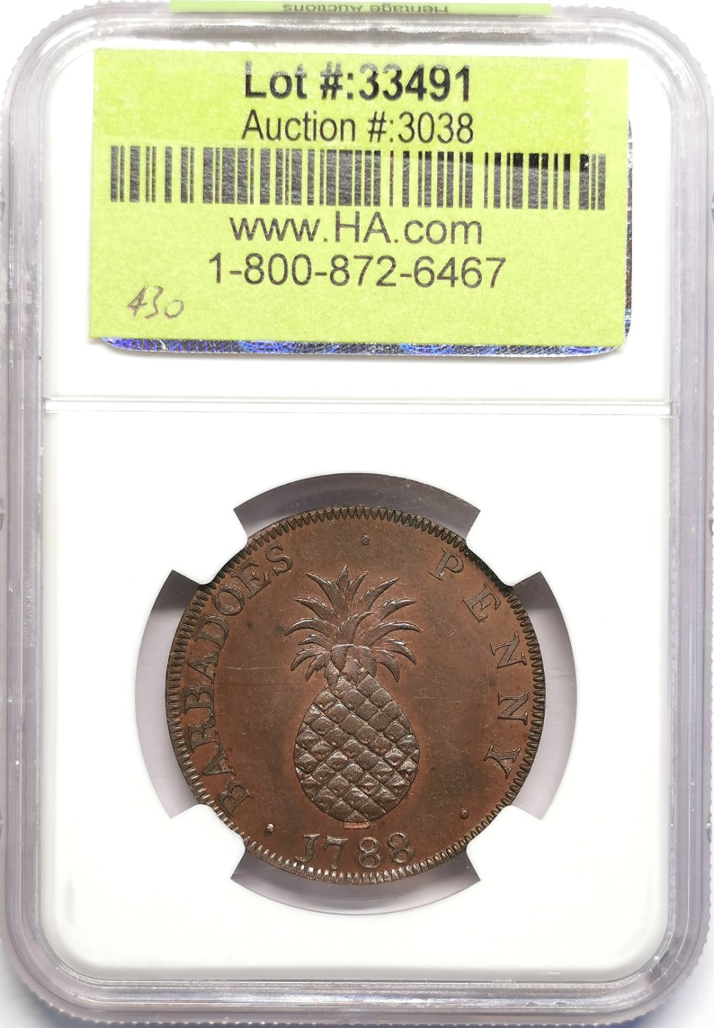 凡希社世界钱币微拍第二百十六期 1788巴巴多斯菠萝头便士大铜精铸NGC-PF64