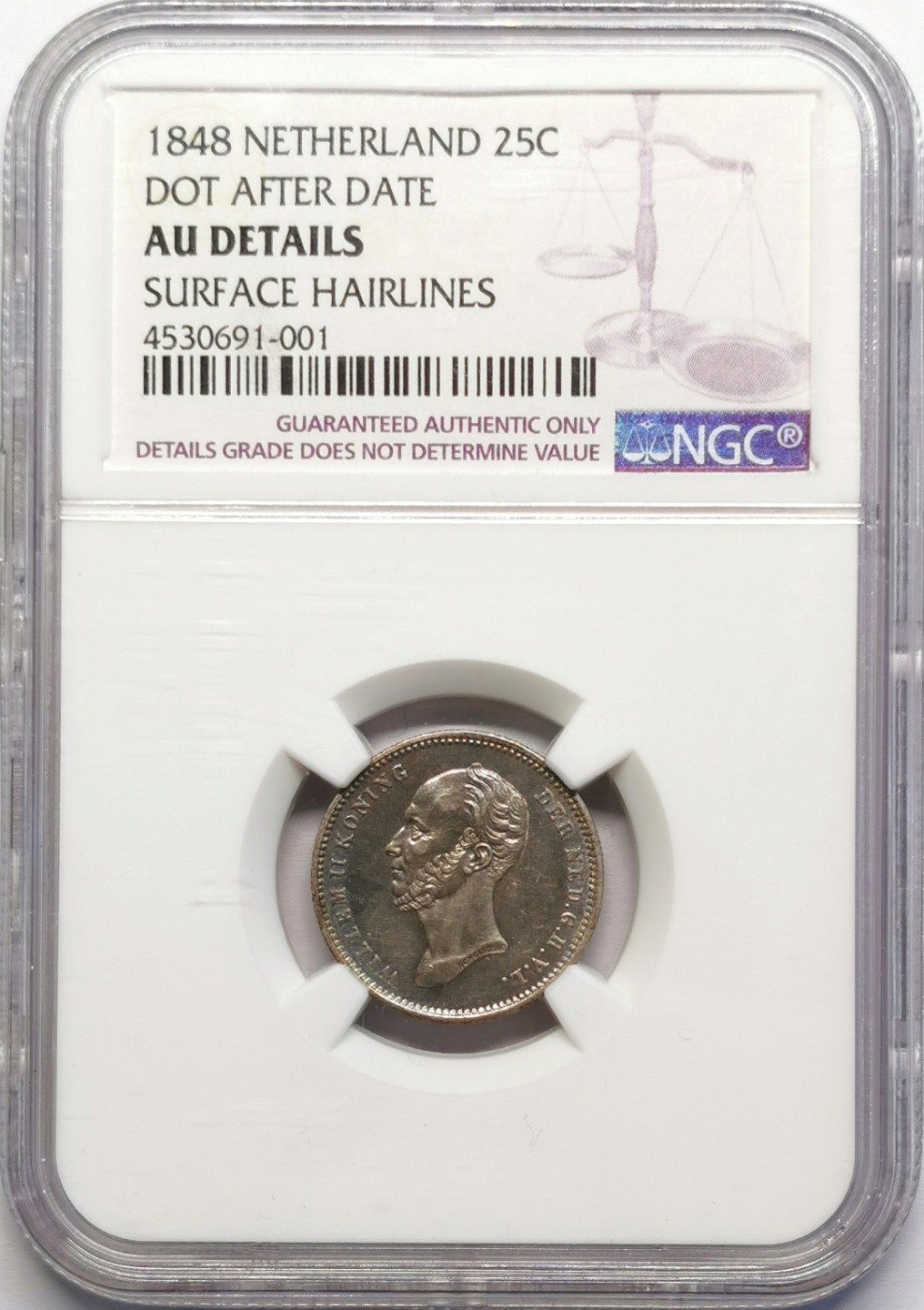 凡希社世界钱币微拍第二百十六期 1848荷兰25分银辅币NGC-AUD