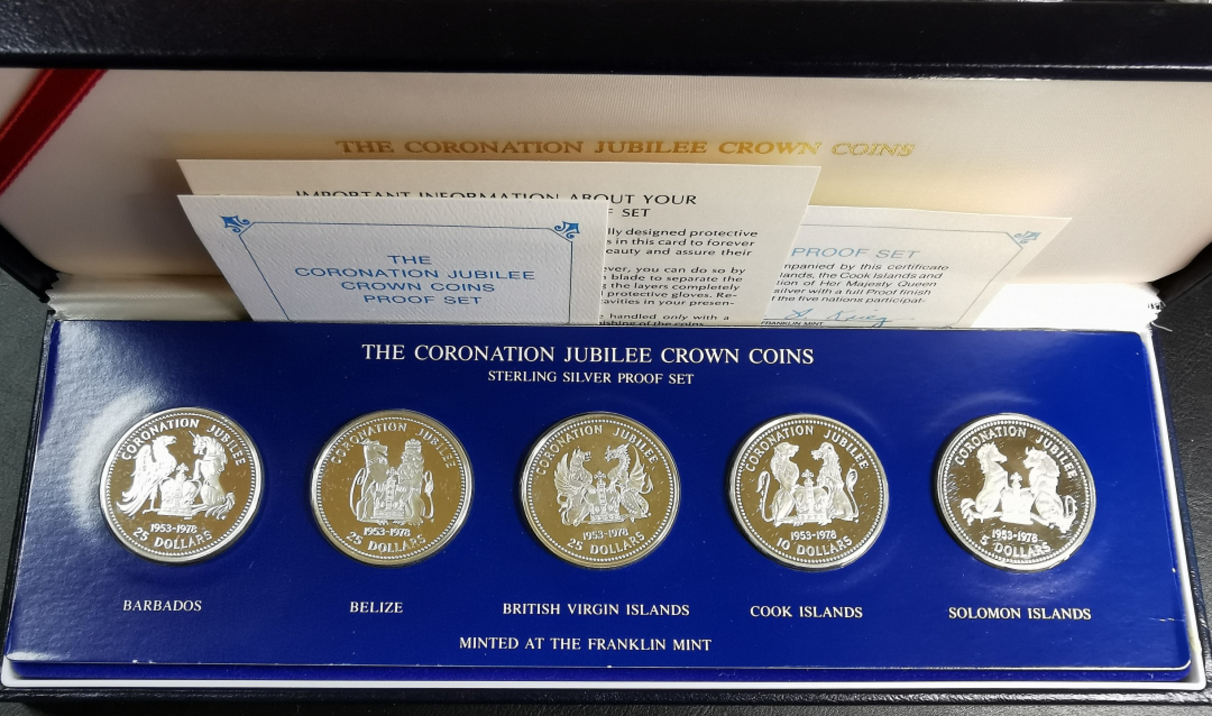 凡希社世界钱币微拍第二百十六期 1978加勒比五国纪念伊丽莎白加冕25周年全银精铸原厂盒证全品！