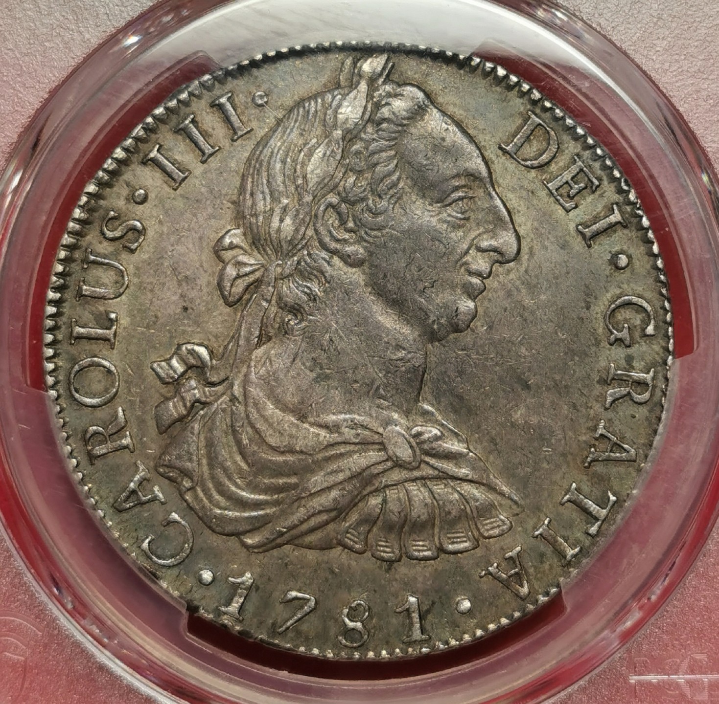 凡希社世界钱币微拍第二百十六期 1781MO墨西哥卡三双柱PCGS-AU55黑彩原味品！