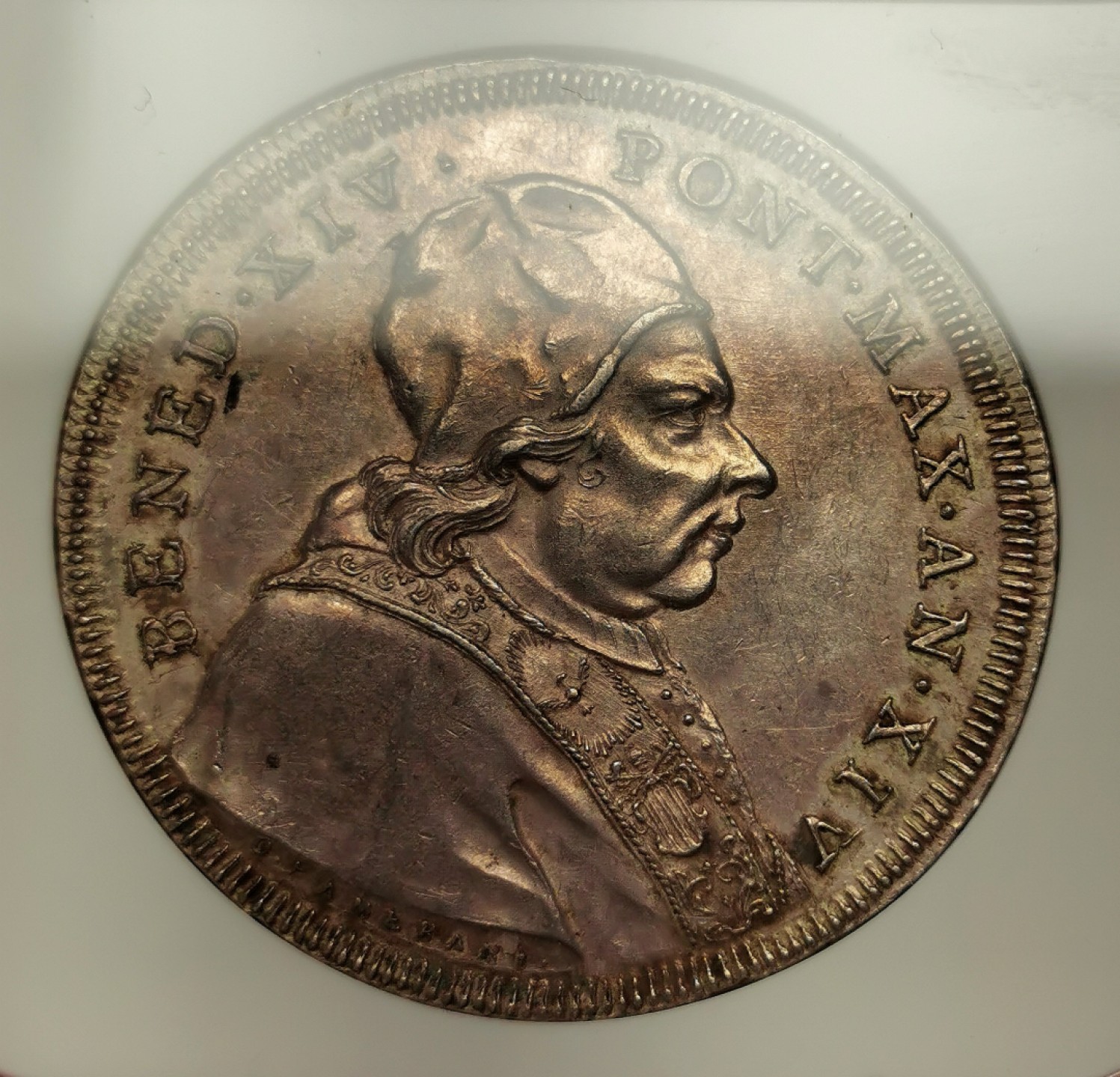 凡希社世界钱币微拍第二百十六期 荐！1753教皇国本笃十四SCUDO大银NGC-AU58图文深峻色调迷人！