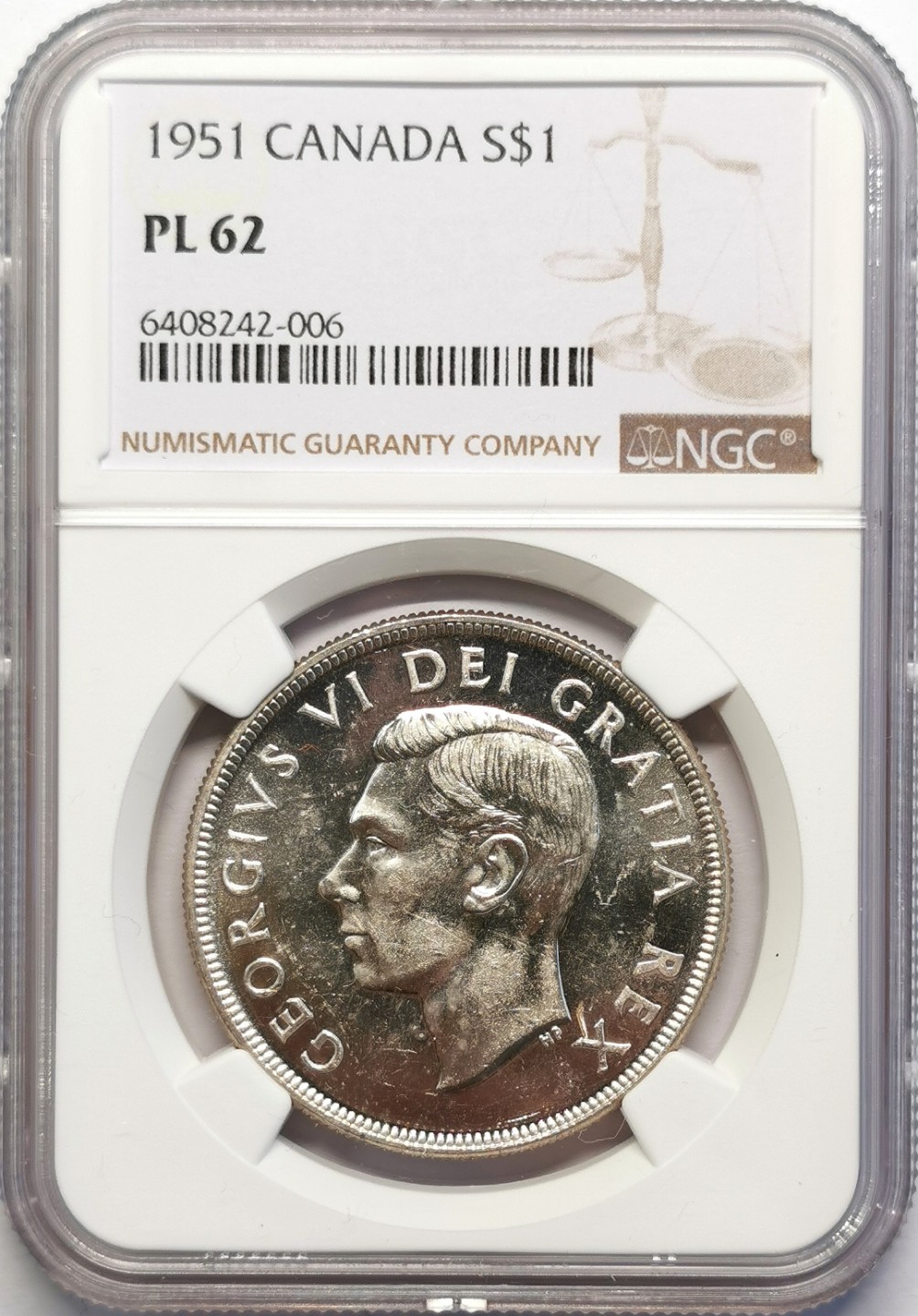 凡希社世界钱币微拍第二百十六期 1951加拿大乔六dollar大银NGC-PL62类精铸！