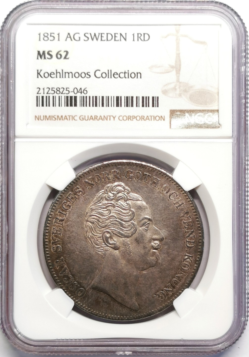 凡希社世界钱币微拍第二百十六期 荐！1851瑞典奥斯卡一世RIKSDALER34克超大银NGC-MS62烟熏彩味道十足！