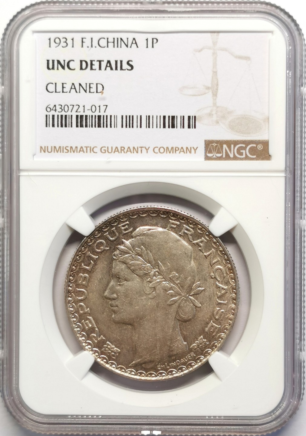 凡希社世界钱币微拍第二百十六期 1931法属印度支那女神像皮亚斯特大银NGC-UNCD实物极好！
