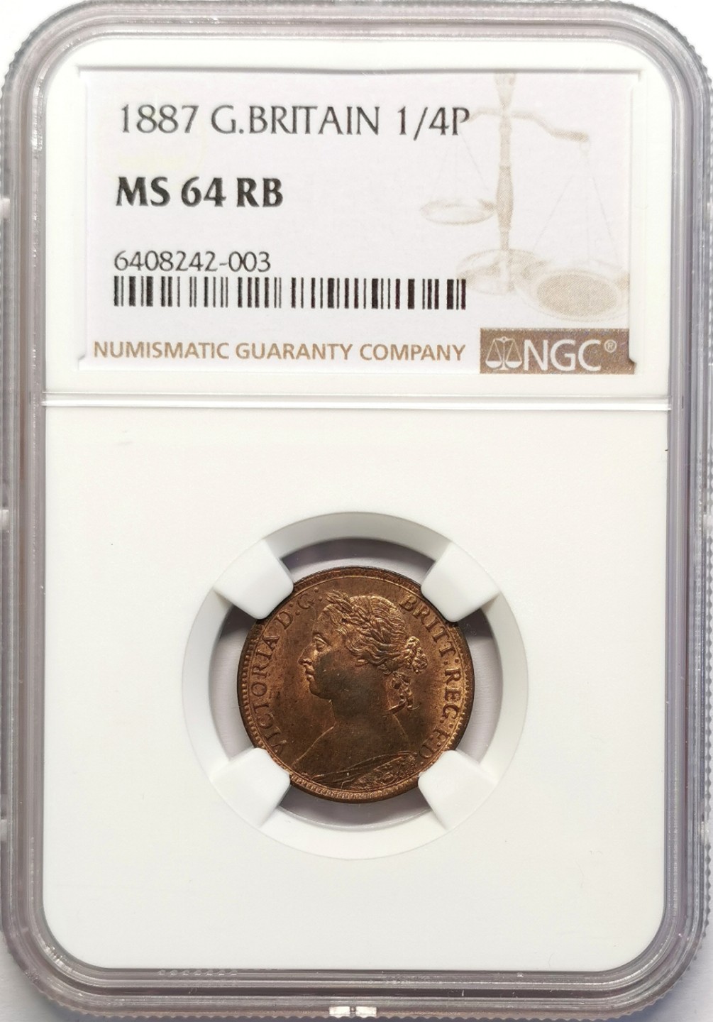 凡希社世界钱币微拍第二百十六期 1887英国维多利亚中年花冠头像1/4便士NGC-MS64原色铜光！