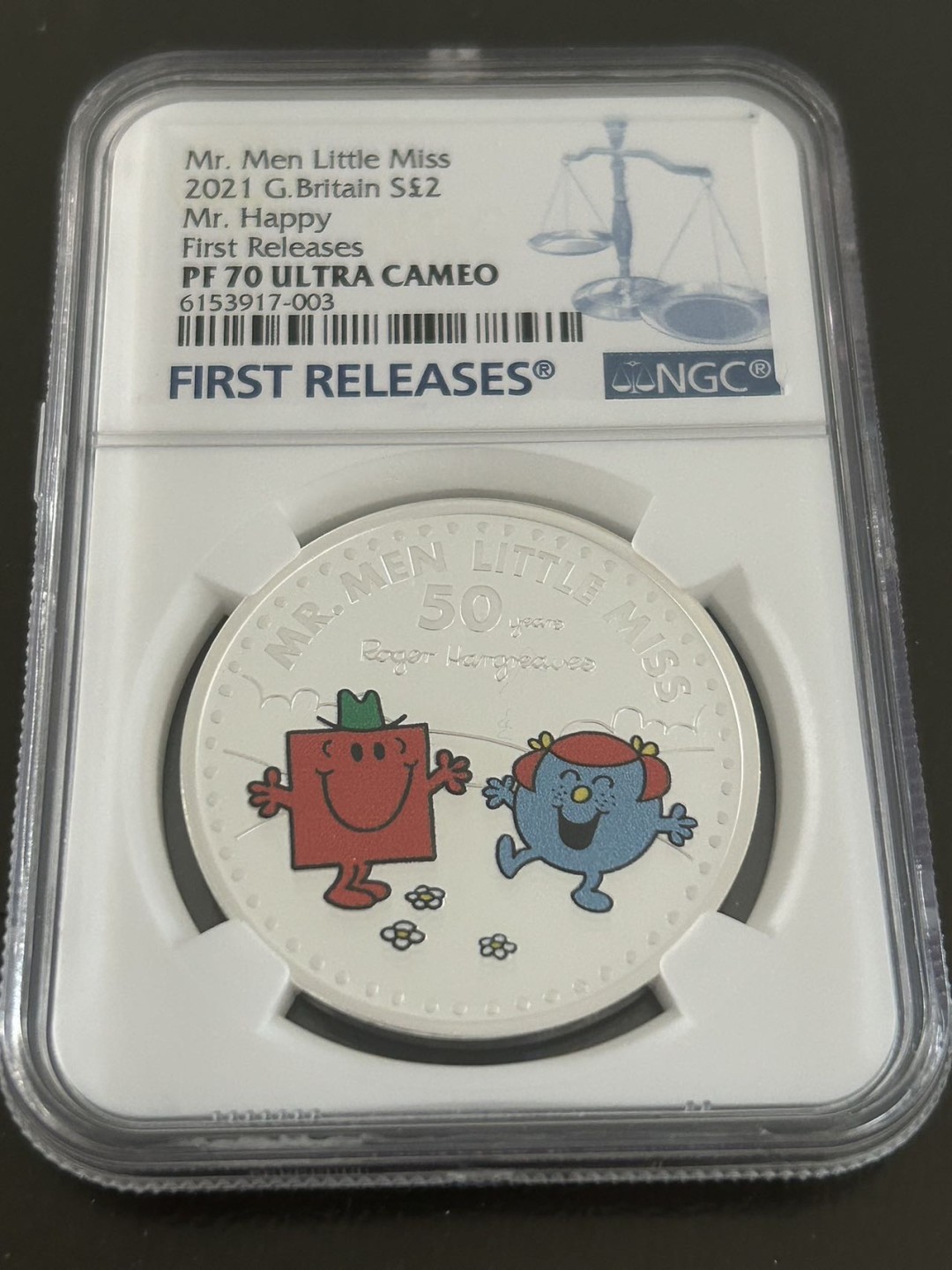 收藏联盟Quantum Auction 第199期拍卖  英国2021年2英镑   NGC PF70UC 满分级别 首发蓝标  Mr.Men Little Miss系列 开心先生 彩色精制银币