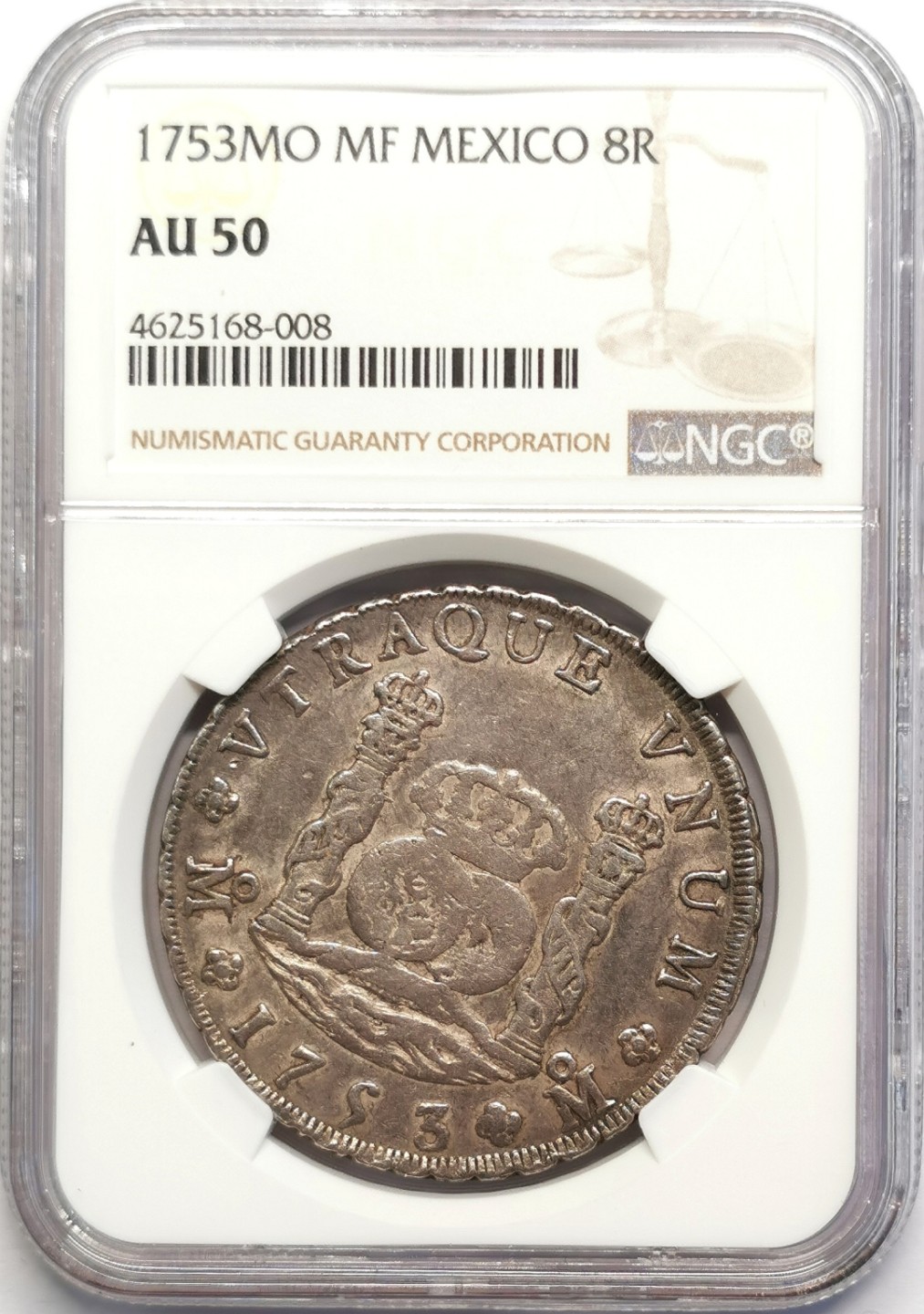 凡希社世界钱币微拍第二百十六期 1753墨西哥斐迪南六世地球双柱NGC-AU50好味道！