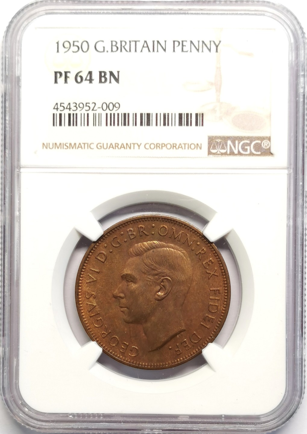 凡希社世界钱币微拍第二百十六期 1950英国乔六精铸便士NGC-PF64