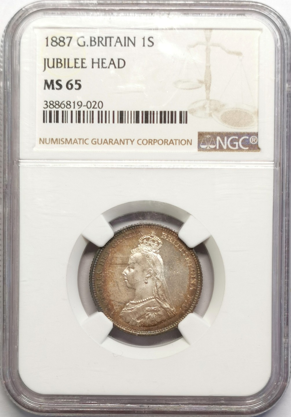 凡希社世界钱币微拍第二百十六期 1887英国老维高冠先令NGC-MS65粉光高分！