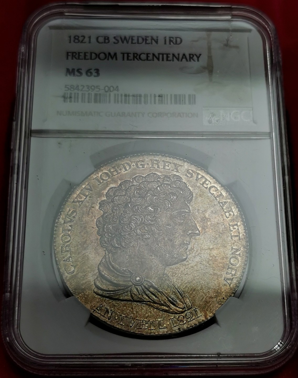 凡希社世界钱币微拍第二百十六期 稀！1821瑞典卡尔十四政治与宗教自由三百周年纪念RIKSDALER大银NGC-MS63间金包浆收藏级！