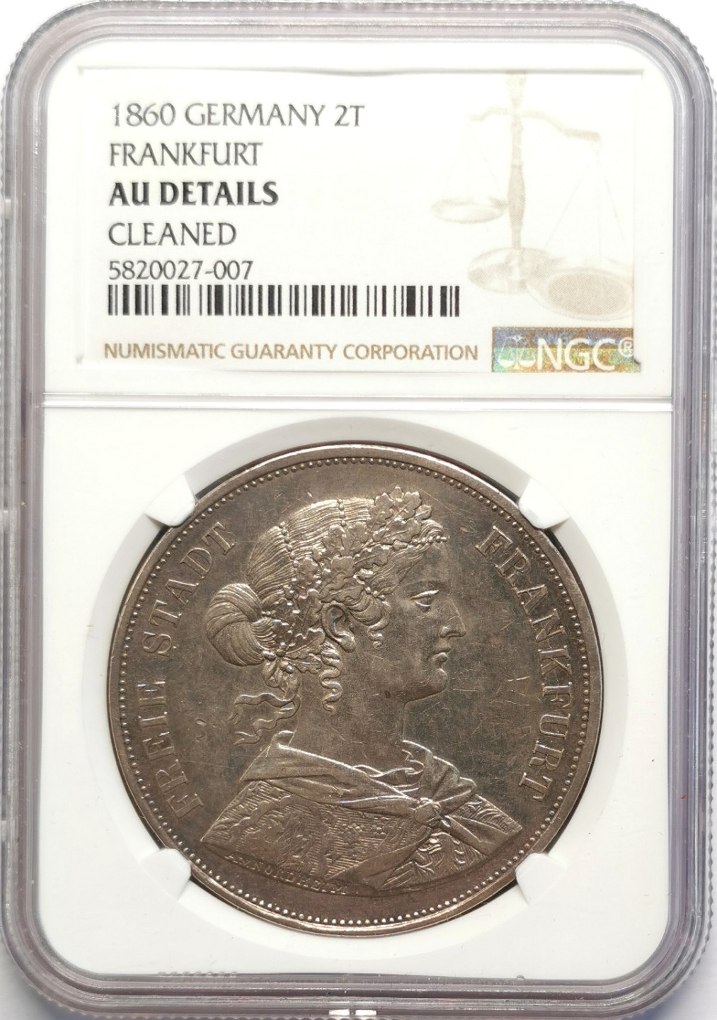 凡希社世界钱币微拍第二百十六期 1860法兰克福少女2泰勒大银NGC-AUD