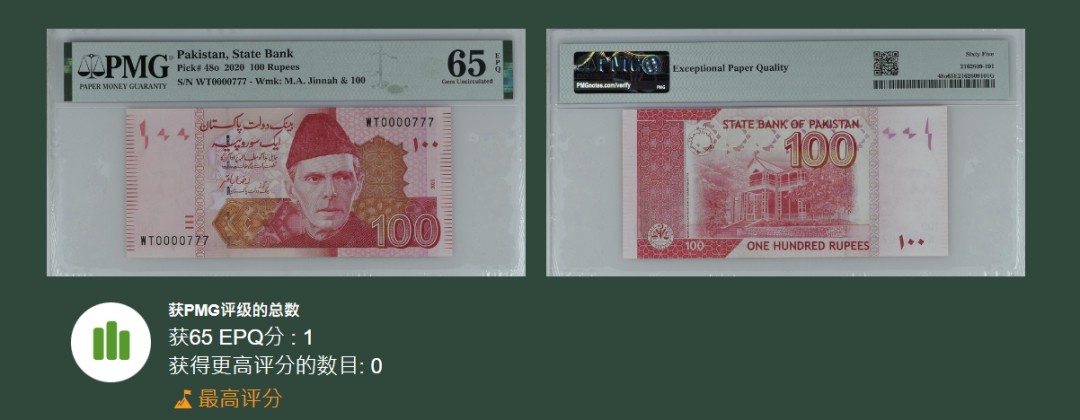 《张总收藏》77期——欧洲精品&女王钞 巴基斯坦2020年100卢比大开门纯豹子777，PMG65E唯一冠军分，与上一张全同号