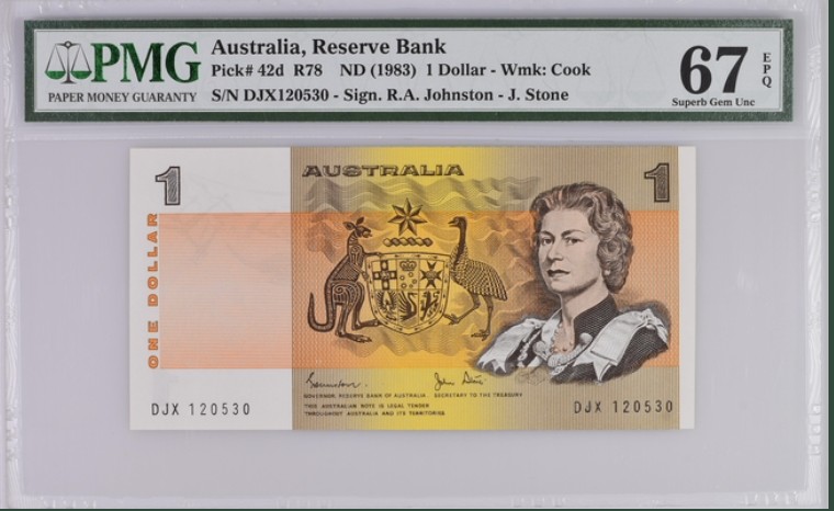 收藏联盟Quantum Auction 第200期拍卖  澳大利亚1983年1元 PMG67 号码不带4