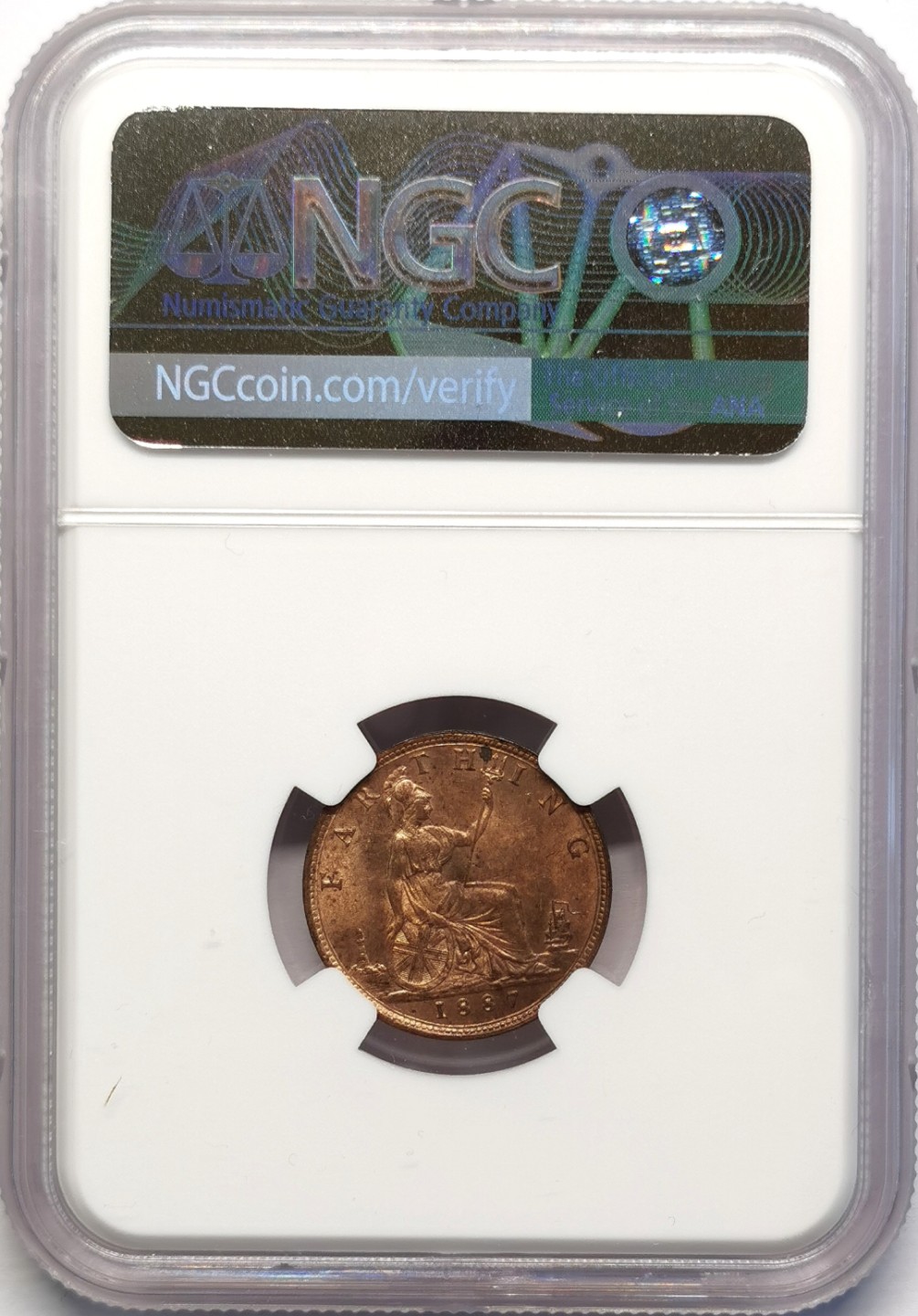 凡希社世界钱币微拍第二百十六期 1887英国维多利亚中年花冠头像1/4便士NGC-MS64原色铜光！