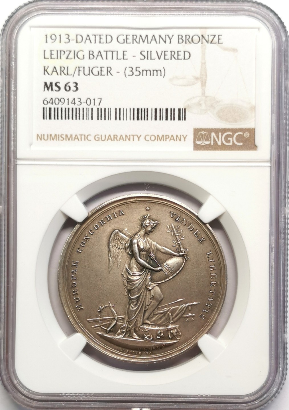 凡希社世界钱币微拍第二百十六期 1913德国莱比锡战役纪念镀银章NGC-MS63