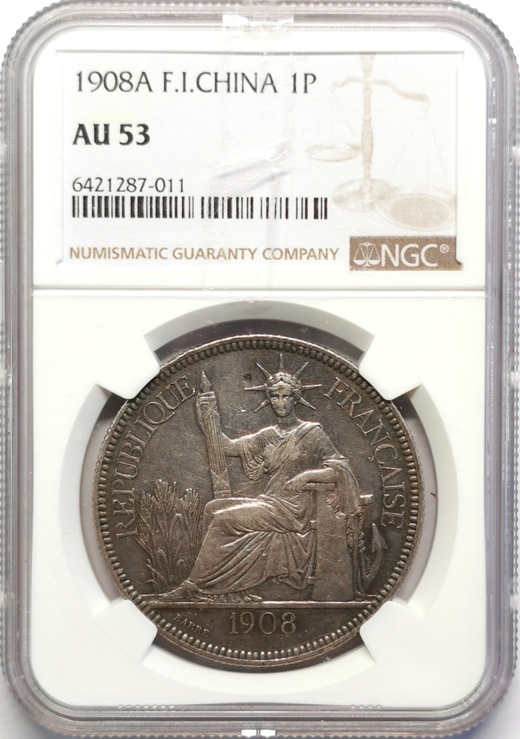 凡希社世界钱币微拍第二百十六期 1908法属印度支那皮亚斯特大银NGC-AU53深色包浆！