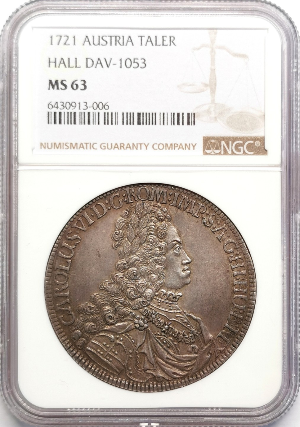 凡希社世界钱币微拍第二百十六期 荐！1721神罗查理六世泰勒大银NGC-MS63包浆醇美细节一流！