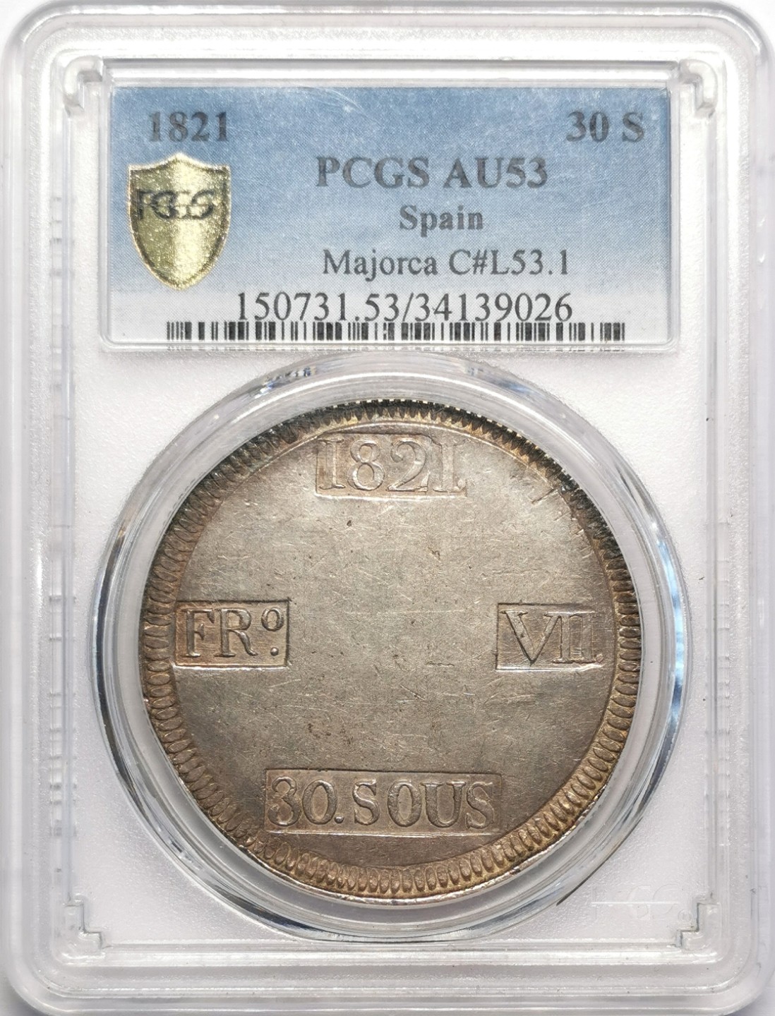 凡希社世界钱币微拍第二百十六期 荐！1821西班牙马略卡岛费七复辟加盖30OUS大银PCGS-AU53