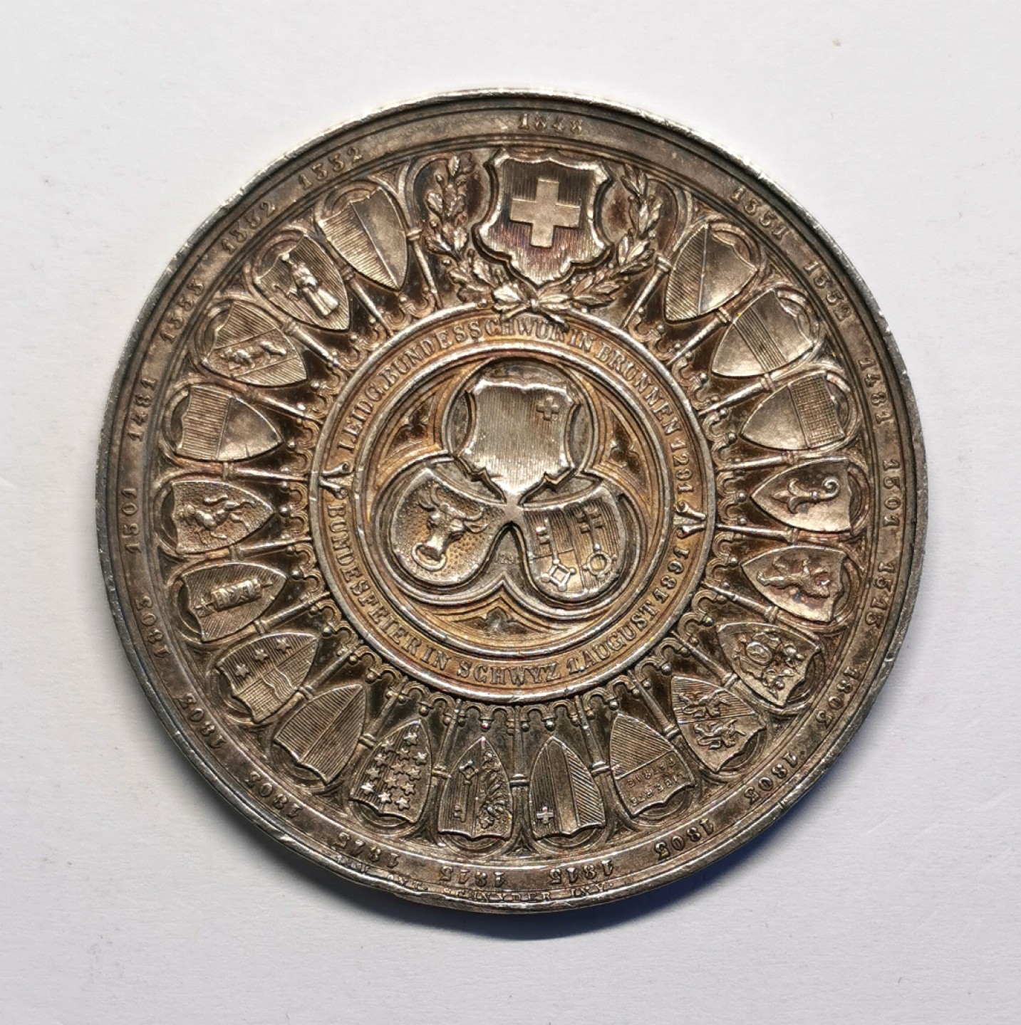 凡希社世界钱币微拍第二百十六期 1891瑞士联邦300周年纪念大银章AU 50mm