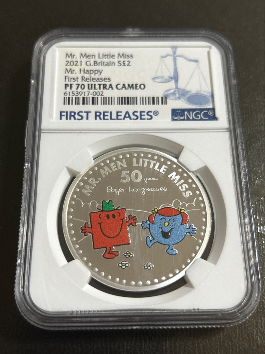收藏联盟Quantum Auction 第201期拍卖 硬币场 英国2021年2英镑   NGC PF70UC 满分级别 首发蓝标  Mr.Men Little Miss系列 开心先生 彩色精制银币