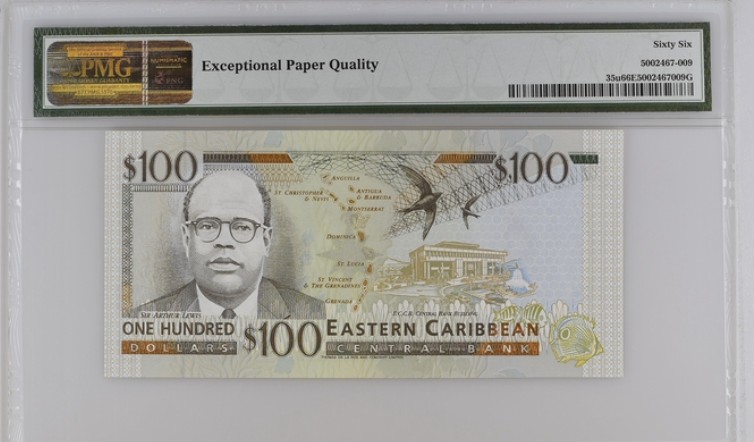 收藏联盟Quantum Auction 第200期拍卖  东加勒比国家(安圭拉)1994年100元 PMG66 首发A冠 U是地区代码