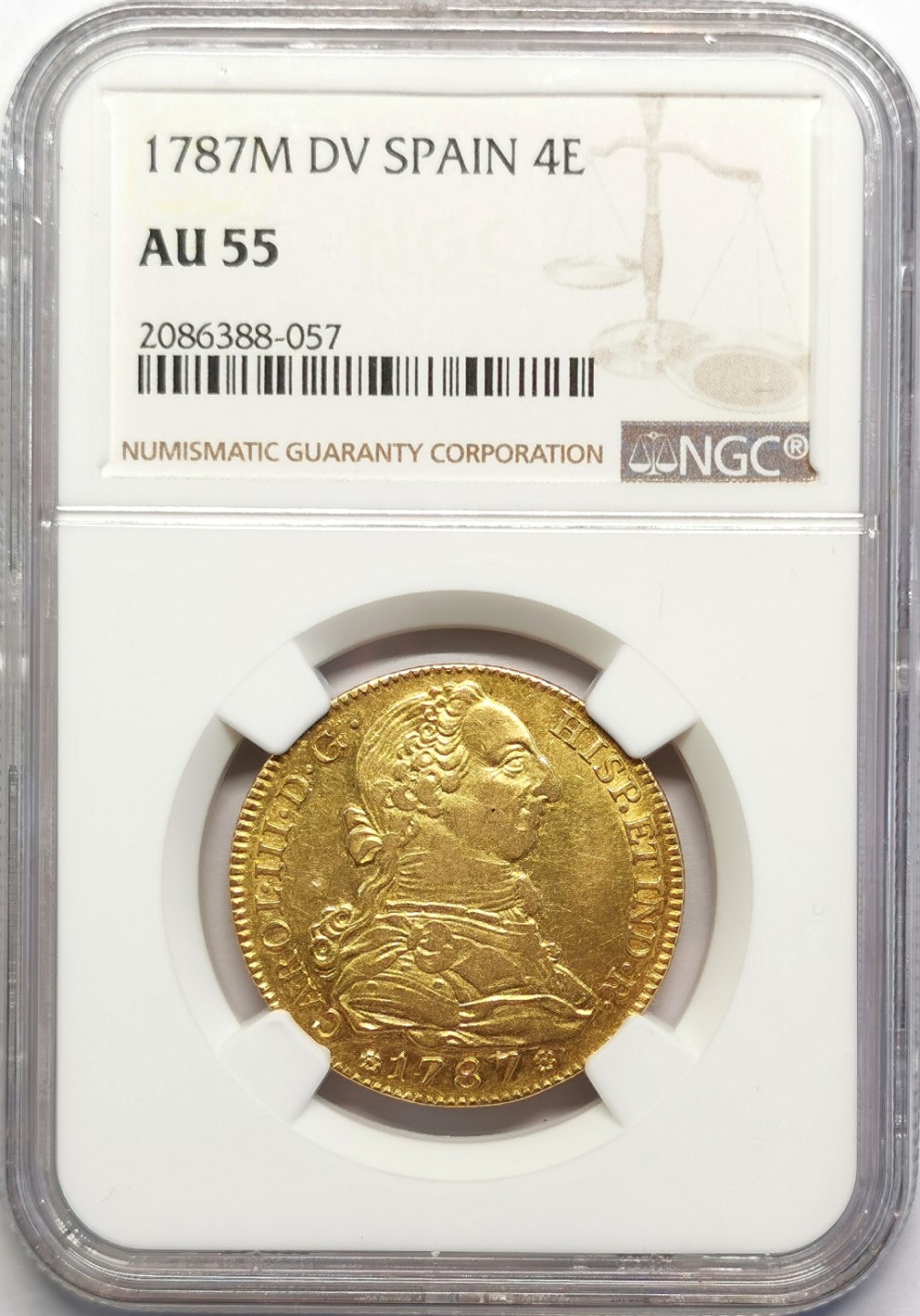 凡希社世界钱币微拍第二百十六期 1787M西班牙卡洛斯三世4E金币NGC-AU55稀见！