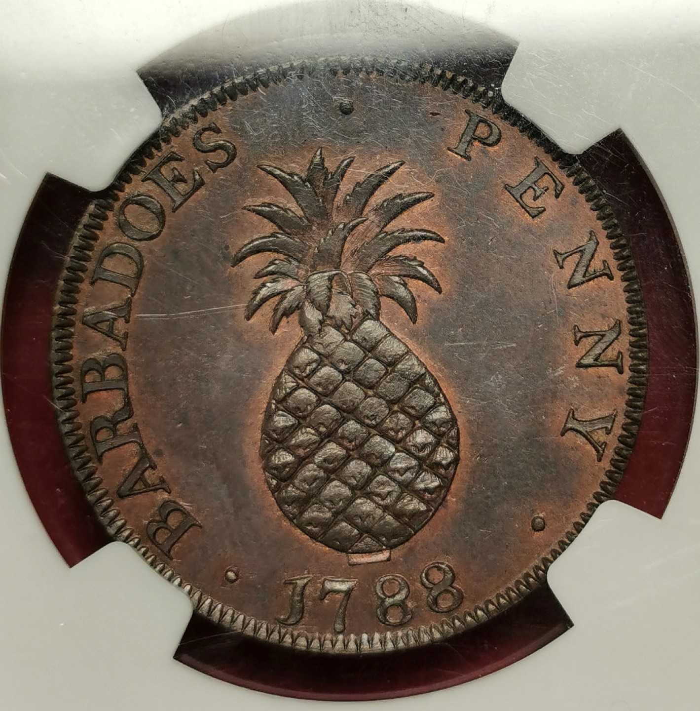 凡希社世界钱币微拍第二百十六期 1788巴巴多斯菠萝头便士大铜精铸NGC-PF64