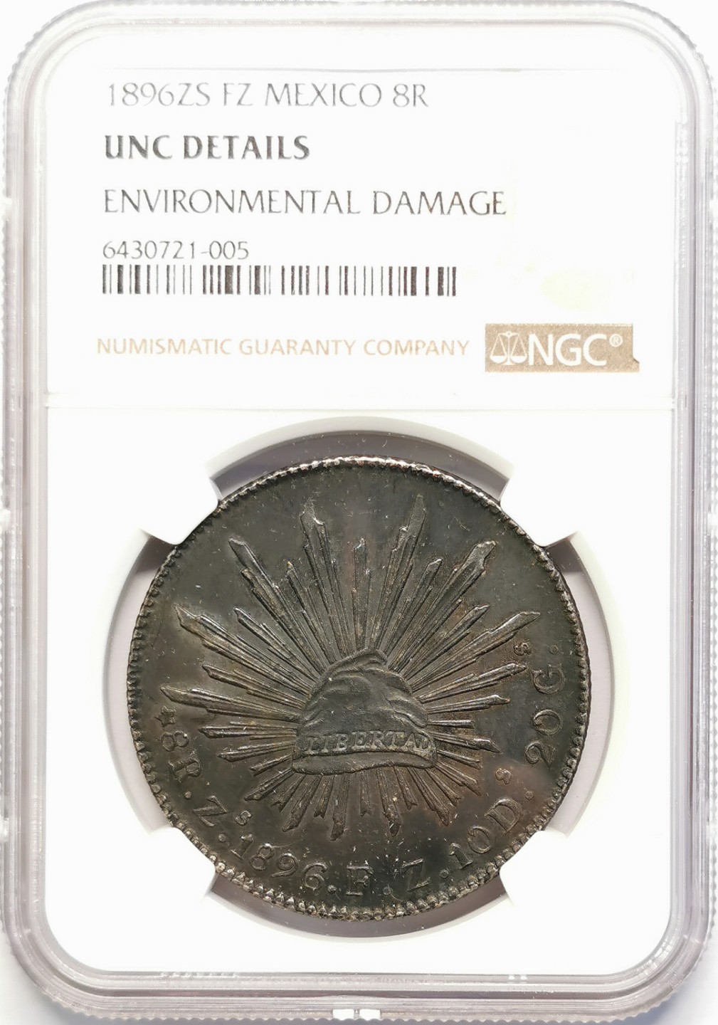 凡希社世界钱币微拍第二百十六期 1896ZS墨西哥花边鹰洋NGC-UNCD黑彩实物漂亮！